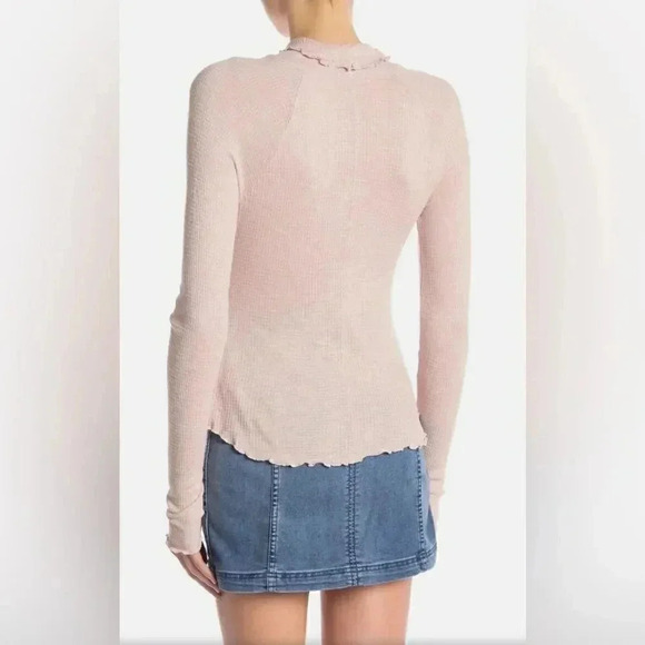 NWOT Free People Pink Skyline Thermal Ribbed Ruffle Trim Mock Neck Top S - Picture 2 of 7